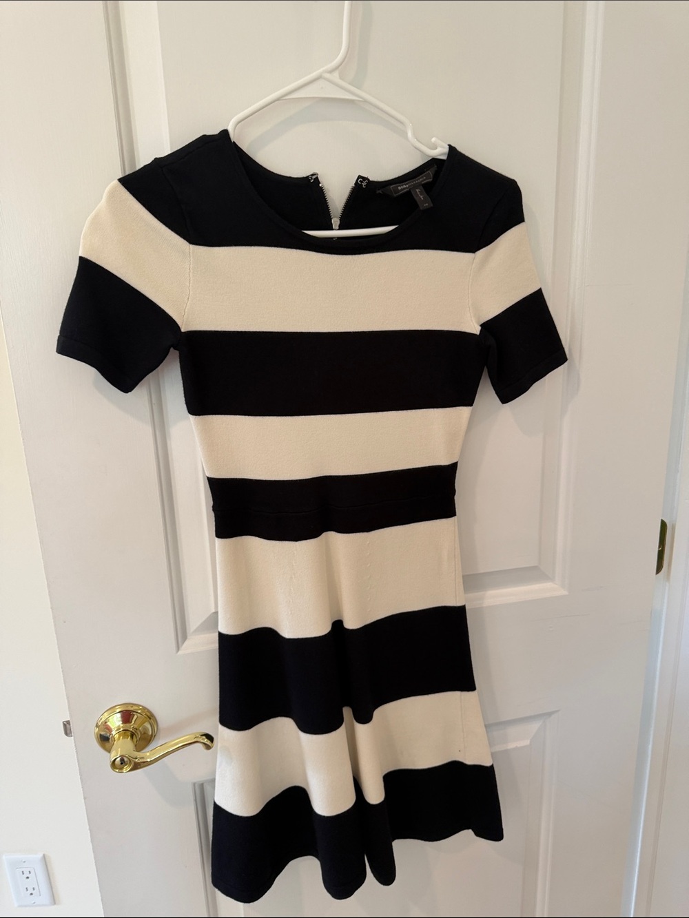 BCBGMaxAzria Black and Cream Wide-Stripe Fit & Flare Dress